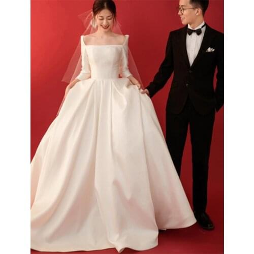 Square Neck Court Train Wedding Dress 2021 Elegant Simple Satin Half Sleeve A-Line Bridal Gowns vestidos de mairee Wedding