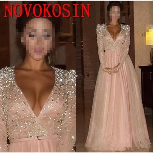 2019 New Formal Evening Dresses Long Sleeves Deep V Neck Crystal Blush Pink Arabic Red Carpet Prom Party Pageant Gowns Vestidos
