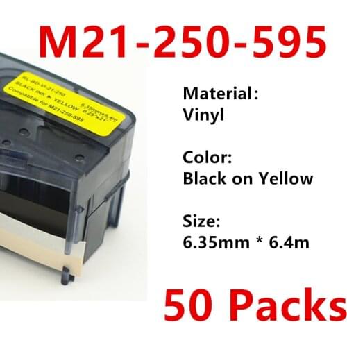 50 Pack M21 250 595 Vinyl Label Ribbon Black on Yellow For BMP21 PLUS BMP21 LAB IDPAL LABPAL Labeler Printer 6.35mm * 6.4m