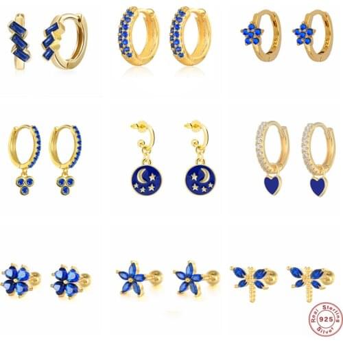 925 Sterling Silver Enamel Piercing Earring Blue Crystal Love Heart Star Stud Earrings pendientes plata 925 Jewerly For Women