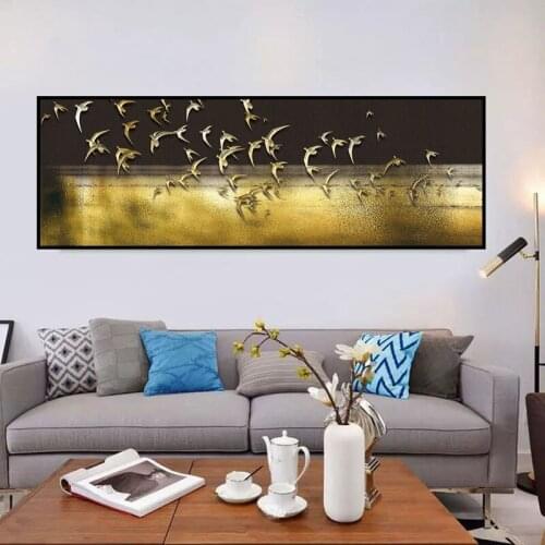 Abstract Art Landscape Gold Birds Oil Painting on Canvas Wall Art Posters Prints Wall Pictures for Living Room Home Wall Cuadros