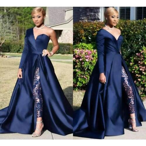 African Blue Jumpsuits With Detachable Skirt Two Pieces Evening Dresses One Shoulder Side Slit Pants Suit Celebrity Gowns Party