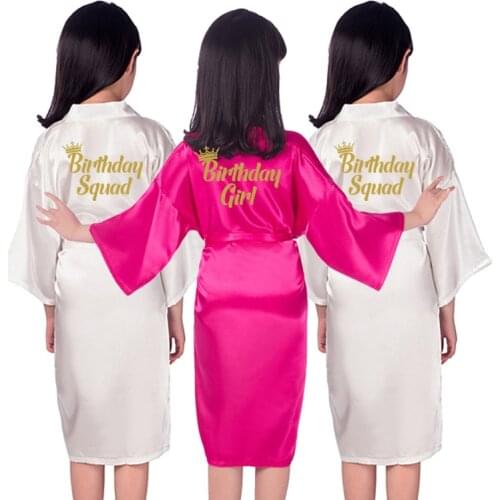 Birthdaygirl robes spa party Kids Satin robes children flower girl gift Sleepover kimono gold writing birthday squad robes