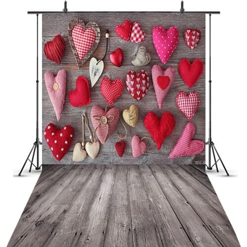 Valentines Day Wood Floor Photography Backdrop Red Heart Wall Photo Booth Background Birthday Party Wooden Decor 264