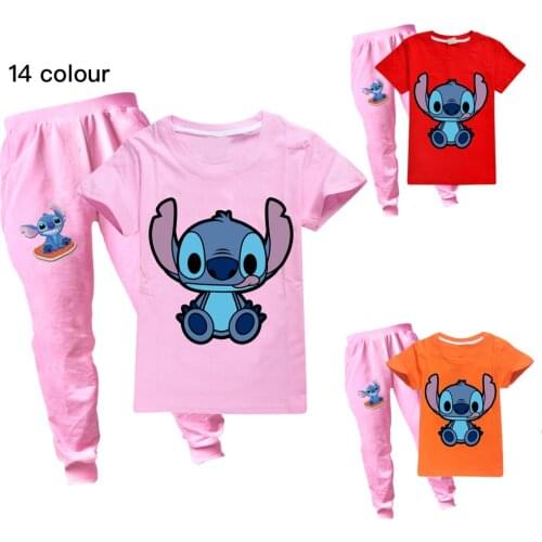 Disney Stitch Kids Tracksuit New Summer Cartoon T shirt Leisure Children Boys Clothes Set Gift for Girls Outfits