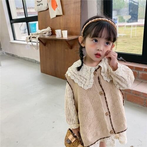 2021 Childrens Sweater Vest Autumn Korean Childrens Wear New Girls' Mori Girl Frenulum Solid Color Cute Knitted Top