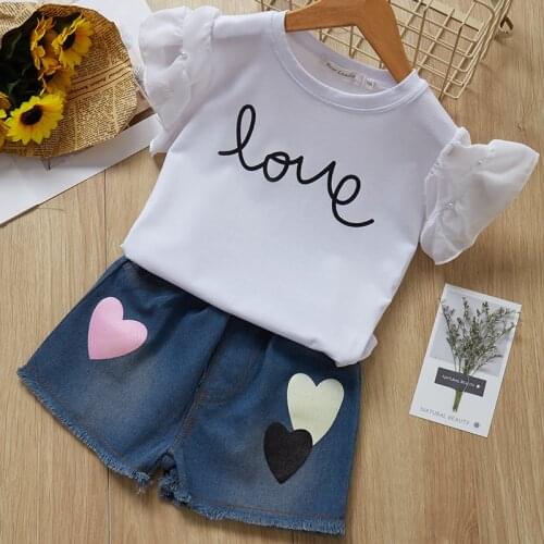 FOCUSNORM 2-7Y Fashion Baby Girls Clothes Sets Ruffles Lace Sleeve LOVE Letter T Shirts Tops Denim Blue Shorts
