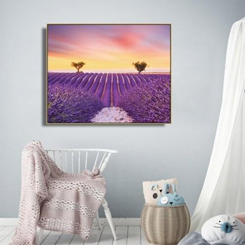 Purple Lavender Canvas Painting Beautiful Garden Landscape Posters and Prints Wall Artwork Pictures for Living Room Home Decor