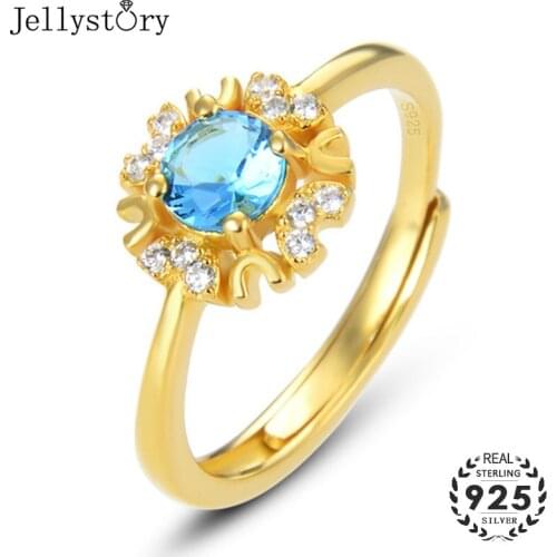 Jellystory Classic 925 Sterling Silver Ring Sapphire Zircon Gemstones Open Rings for Women Fine Jewelry Wedding Gifts Gold Color