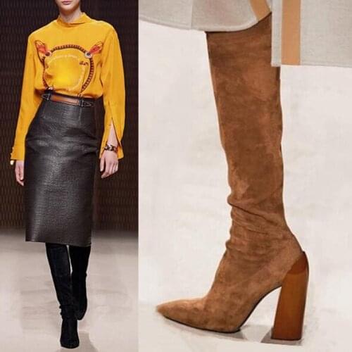 Runway Fashion Long Knight Boots Solid Stretch Suede Leather Knee Boots Chunky Heels Outfit Slip On Boots
