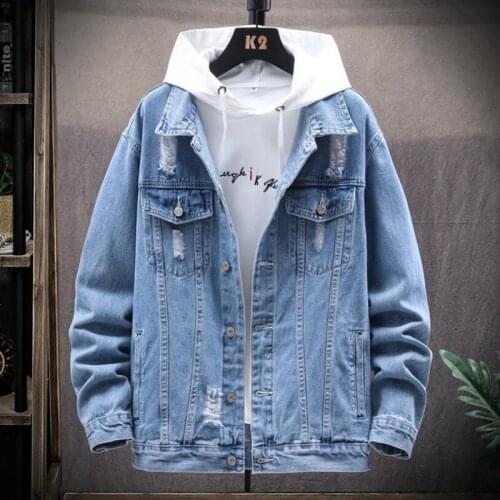 New 2021 Cotton Denim Jacket Men Casual Solid Color Lapel Single Breasted Jeans Jacket Men Autumn Loose Ripped Hole Mens Jackets