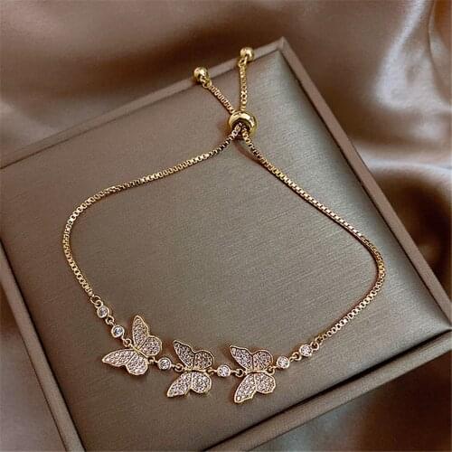 New Fashion Jewelry Exquisite Copper Inlaid Zircon Three Butterfly Bracelet Stretch Adjustable Women Bracelet On Hand Bts Chain