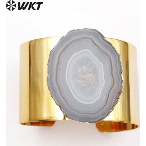 WT-B407 Wholesale Custom Natural Raw slice at gate bangles in 24k gold trim adjustable bangles with Irregular stone