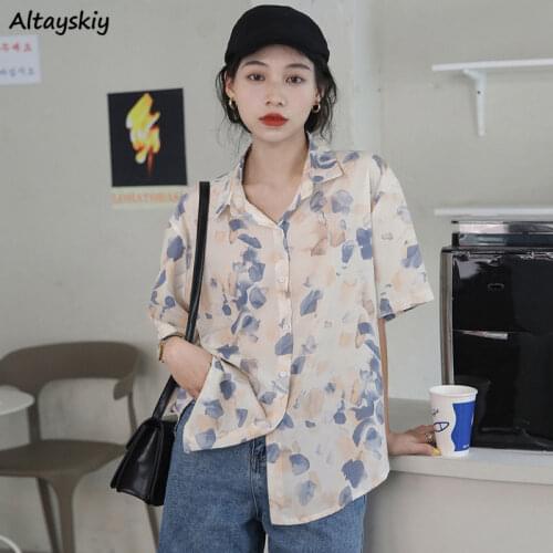 Shirts Women Print Turn-down Collar Korean Style Retro Fashion Casual Summer Simple All-match Short Sleeve Feminine Popular New