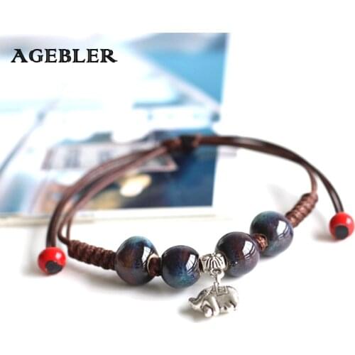 Handmade Unique Ceramic Beaded Bracelets For Women Elephant Pendant Fashion Jewelry Girls Gift Boho Style Adjustable Length 2018