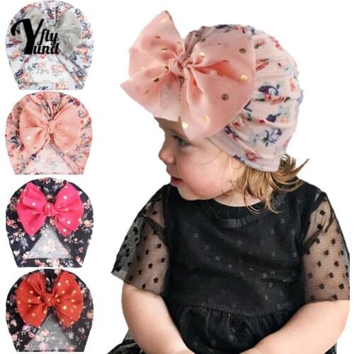 Yundfly Vintage Print Baby Girls Turban Hats Fashion Golden Dots Bowknot Newborn Caps DIY Clothing Decoration Infant Headwear