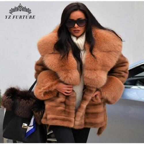 YZ Future 2021 Mink Fur Coat For Lady With Long Sleeve And Belted Outerwear Big MinkFur Collar Winter Thick Warm Outer Clothing