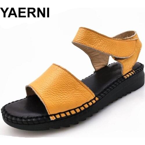 YAERNI Women sandals genuine leather handmade sandals women summer shoes soft &Comfortable flat heel mather sandals