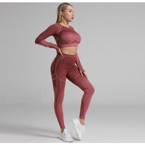 2 PCS Women Yoga Set Workout Sports Long Sleeve Shirts+seamless Leggings High Waist Yoga Pants Gym Fitness Running Sportswear