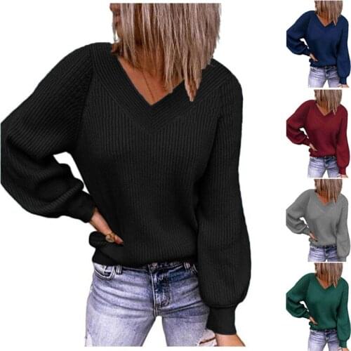 Women V-Neck Streetwear Knitted Solid Black Ladies Sweater Elegant Jumper Long Sleeve O-neck Pullovers Warm Top Autumn Sweaters