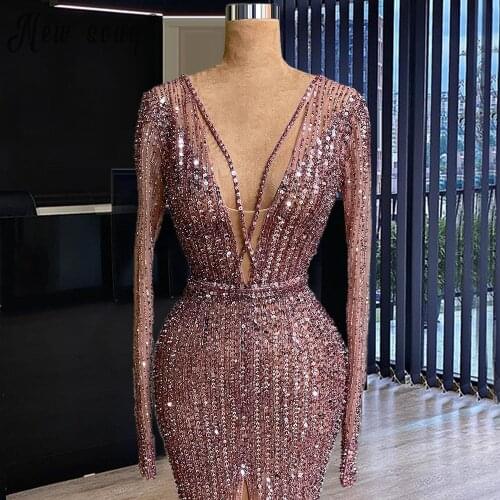 Luxury Beaded Sequined Vestidos De Fiesta Sexy Deep V Neck Sparkly Evening Gown Mermaid Long Sleeve Prom Dress Split Side