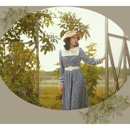 Autumn Original Design Winter Women Vintage French Rural Style Sleeve Lace Floral Corduroy Long Princess Dress