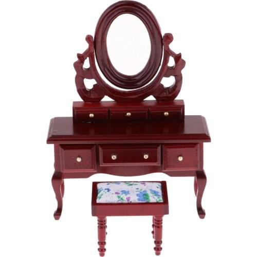 1:12 Redwood Dressing Table Dresser Stool Set Dollhouse Bedroom Furniture Decoration