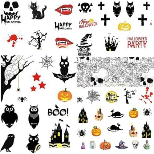 12 Sheets Halloween Skull Spider Owl Church Nail Art Decals Water Transfer Stickers Decorations A1105-1116# DIY Tips