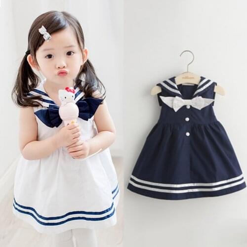 2021 Summer 2-10T Years Children Sweet Sleeveless Vest Bow Sailor Collar Navy Blue White Patchwork Little Kids Navy Girls Dress