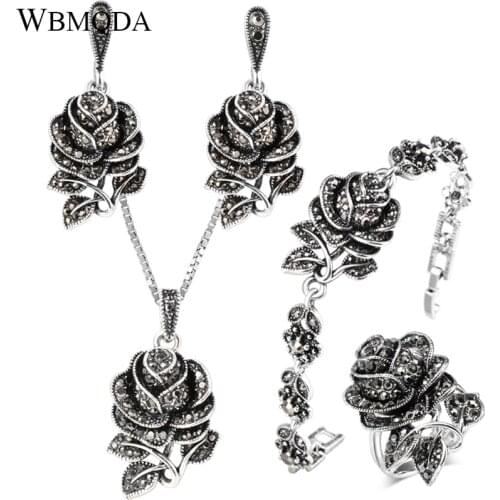 4 Pcs/lot Fashion Black Crystal Rose Flower Bridal Jewelry Sets Vintage Silver Plated Necklace Ring Bracelet Earrings For Women