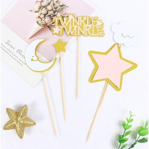 5pcs/set TWINKLE Star Happy Birthday Cake Topper Moon Birthday Cupcake Toppers Flags for Baby Birthday Party Cake Decorations