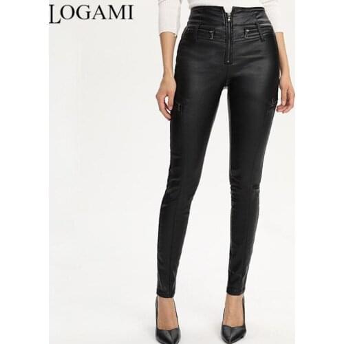 LOGAMI Stretch Slim PU Pants High Waist Pvc Faux Leather Pants Women Autumn Winter Zipper Pencil Trousers Black Plus Size 4XL