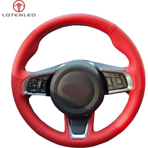 LQTENLEO Red Genuine Leather DIY Car Steering Wheel Cover For Jaguar E-Pace 2017-2019 XE XEL 2015-2019 F-Pace XF XFL 2016-2019