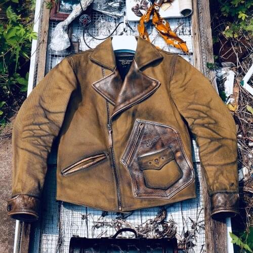 An Achievement! American-Style Vintage Heavy Oil Wax Canvas Panel Blooming Leather Lapel Sling Canvas Jacket