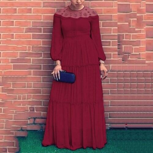 Elegant Chiffon Lace Patchwork Dress Full Sleeve High Waisted Floor Length Solid Luxury Evening Night Party Club Vestidos Mujer