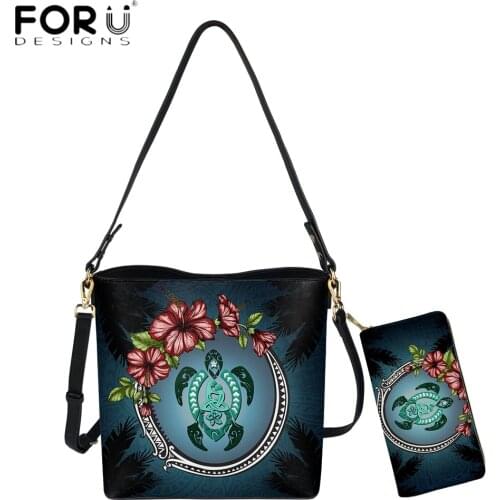 FORUDESIGNS Women PU Leather Shoulder Bag And Purse Hawaiian Sea Turtle Hibiscus Print Female Messenger Sac Large Capacity Bolsa