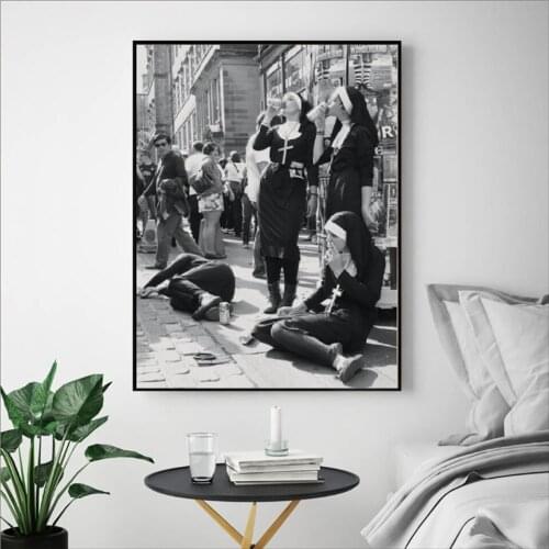 HD Print Poster Smoking Rebellious Nun Canvas Painting Black and White Photography Wall Art Picture Living Room Home Decoration