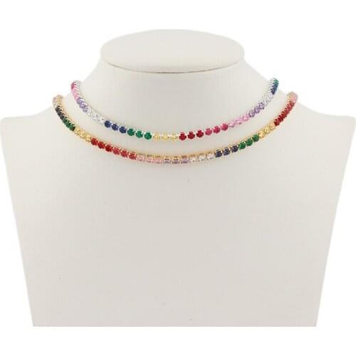 Rainbow Cubic Zirconia Tennis Necklaces for Women Girls Gold Chocker Fashion Layer Necklace Colorful CZ Jewelry Dropshipping