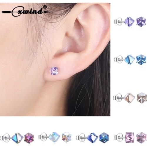 Cxwind Fashion 7 Colors Stud Earrings for Women Girl Geometric Square Crystal Bling Earrings Piercing Cube oorbellen Jewelry