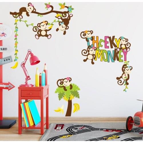 Naughty Monkeys On Banana Tree Vine Wall Stickers For Kids Room Bedroom Decoration Diy Cartoon Animals Mural Art Home Decals