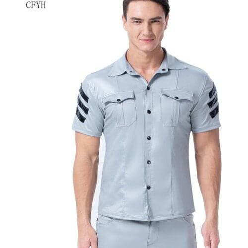 Men Undershirts Gay Faux Leather Pocket Shirt Tight Short-sleeved Wet Look Undershirt Uniform Dance Club Wear Costume