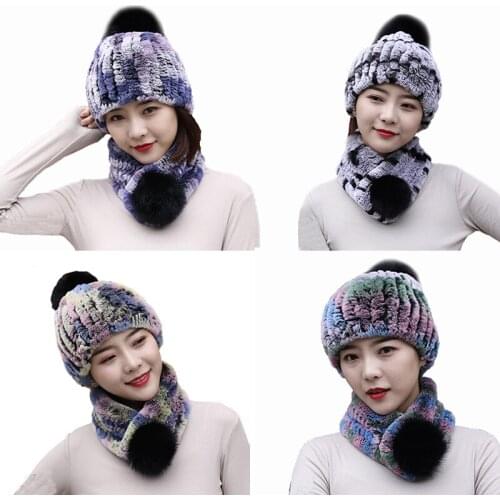 Real Rex Rabbit Fur Christmas Hats and Scarf 2Pcs For Women Winter Warm Beanie Cap Fluffy Soft