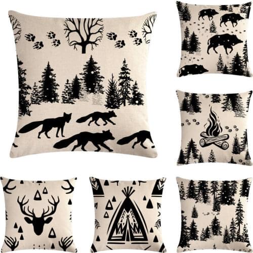 Cute Cartoon Pattern Pillow Cover Black And White Forest Decorative Throw Pillows Linen Fabric Cushion Home Decor