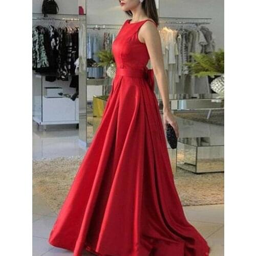 New Arrival 2020 Red Prom Dresses with Bowknot Tank A-Line Satin Backless Formal Womens Evening Dresses Mother Dress