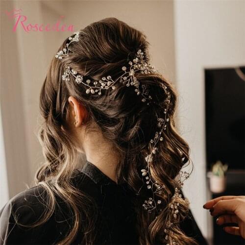 Gold Silver Color Handmade 140cm Bride Headbands Hair vine Sparkling Crystal Floral Pearls Weeding Hair Jewelry Tiara RE709-2