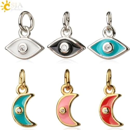 CSJA Evil Eye Moon Charms for Bracelet Enamel Charms Pendant Jewelry Making Gold Silver Plated Rhinestone Keychain Copper S661