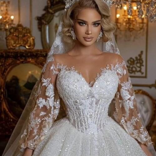 Retro A Line Wedding Dresses Bling Bling Lace Sequins Bridal Gowns Long Sleeve Tulle vestido de novia