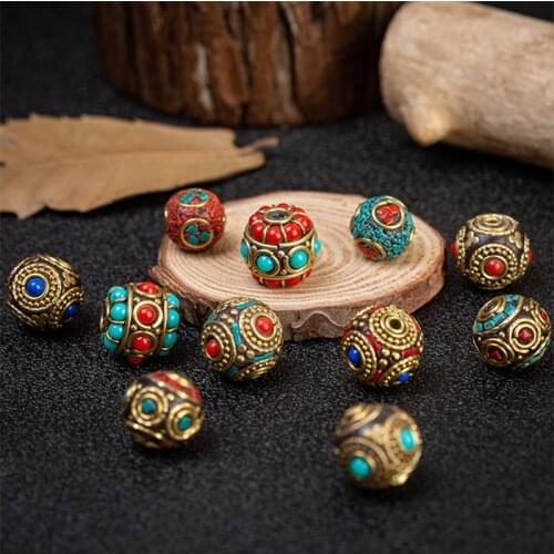 Handmade Nepalese Buddhist Tibetan Brass Metal & Clay Loose Craft Beads Spacer Beads for Bracelet Necklace Jewelry Making DIY