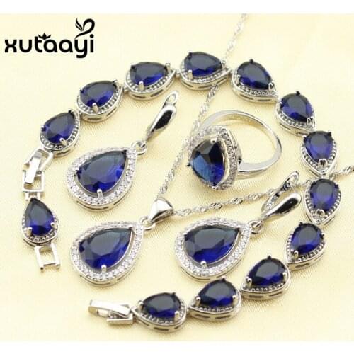 Silver Water Drop Wedding Jewelry Set For Women Blue Cubic Zirconia White Stones Bracelet Earrings Necklace Pendant Rings