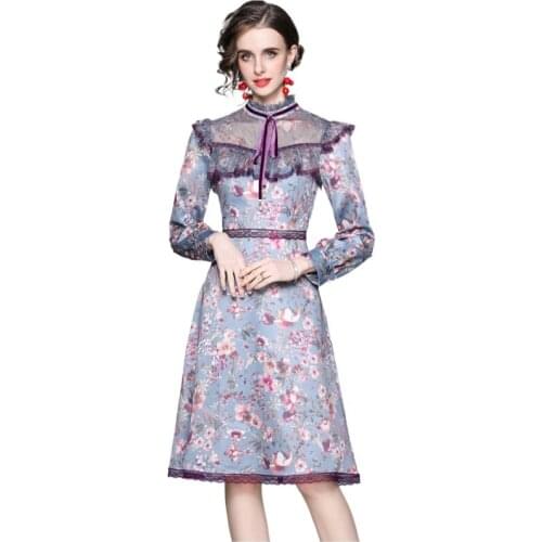Simgent Women Dress Lace Up Mesh Patchwork Bow Long Sleeve Knee Length Elegant A Line Dresses Vestidos Femme Robe SG13222